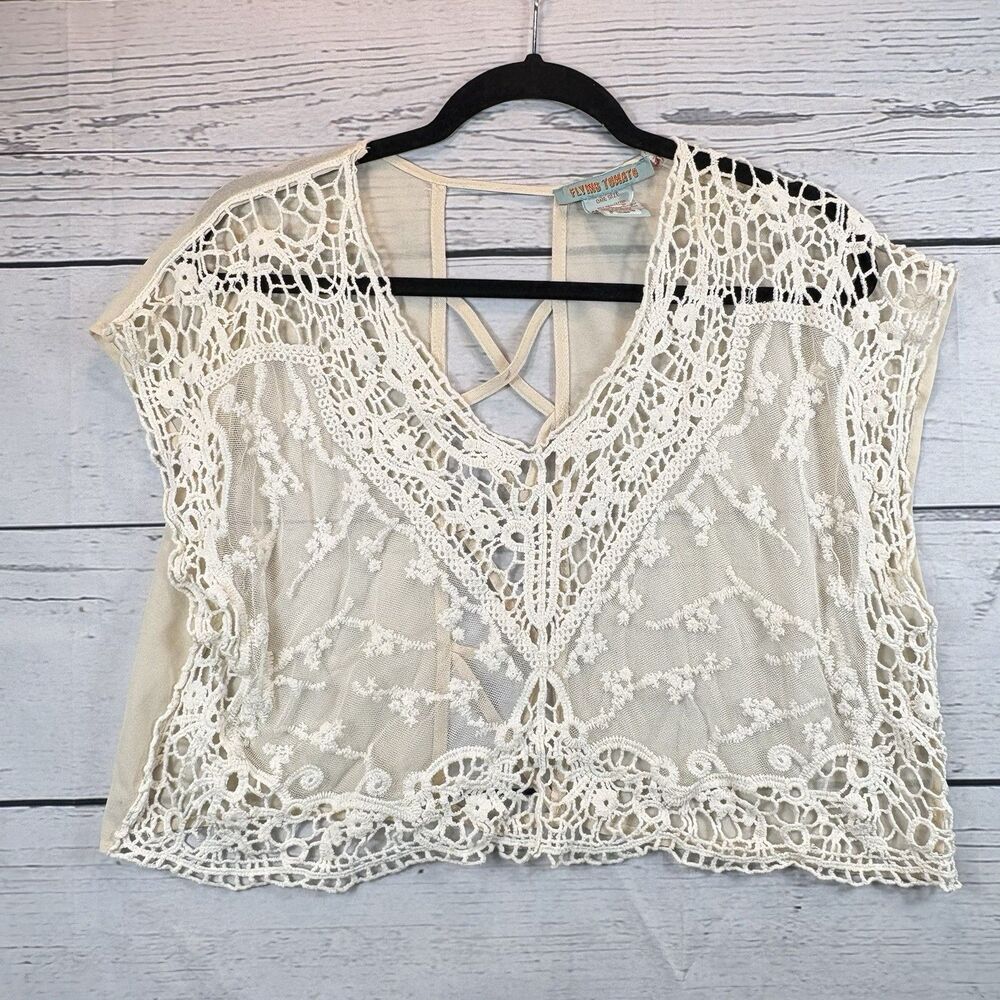 FLYING TOMATO Top Womens Ivory Lace Crop One size Boho Bohemian Festival Hippie